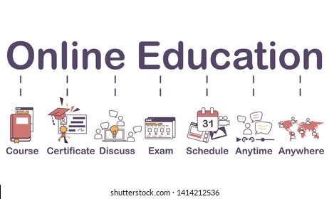 Online education icon, banner web. course certificate certification discuss exam schedule anytime and anywher. minimal vector icon