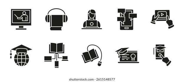 Online education icon. Black distance learning tools including books, laptops, video tutorials, and mobile applications. Digital study glyph symbol for virtual classrooms, e-learning platforms.