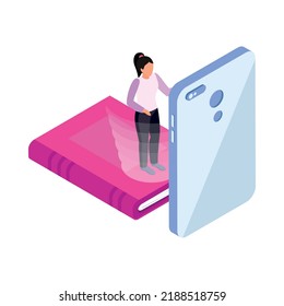 Online education icon with book and woman using smartphone while studying 3d isometric vector illustration