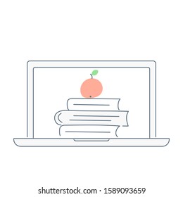 Online education icon composition with laptop, books, electronic library. E-learning concept. Clean line vector illustration on white. 