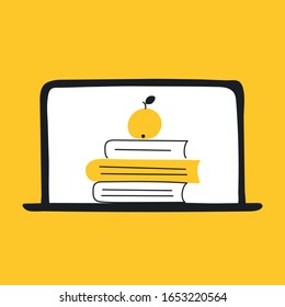 Online education icon composition with laptop and book library. Online course, tutorial, university, internet studying or training concept. Flat line isolated modern vector illustration on yellow.