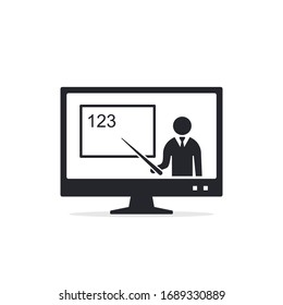 Online education icon, Computer monitor with teacher and blackboard, flat design, vector illustration.