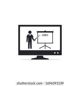 Online education icon, Computer monitor with teacher and blackboard, flat style vector illustration.