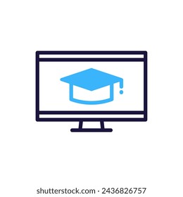 Online education icon with computer screen and academic hat. Vector illustration symbol for e-learning, digital learning, and educational technology concept