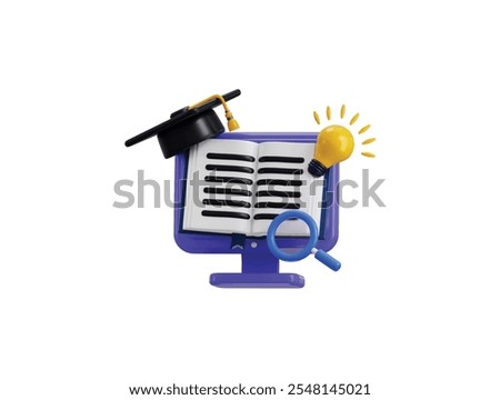 Online education icon concept in 3d realistic style with book, monitor, graduation cap and idea bulb icon 3d render