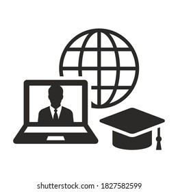 Online education icon. E-learning. Training courses online. Webinar. Graduation. Vector icon isolated on white background.