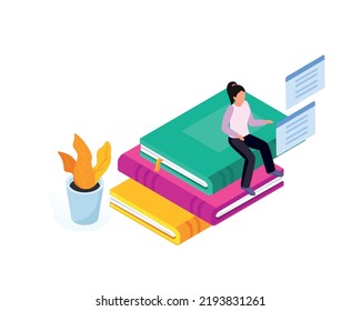 Online education icon with female character sitting on stack of books 3d isometric vector illustration