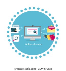 Online education icon flat design style. University web, school knowledge, training study, e-learning computer internet, science studying, research information illustration
