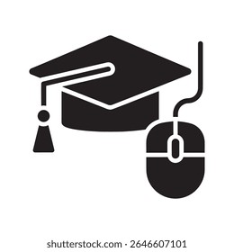 Ícone de educação on-line com tampa de graduação e mouse do computador para e-learning curso de ensino à distância e programa de grau universitário digital vetor ícone de glifo sólido