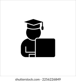 Online education icon, internet studying course. Computer, laptop learning for business. Vector illustration isolated on white background