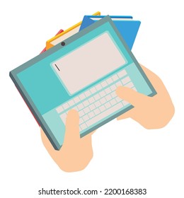 Online education icon isometric vector. Tablet in human hand on book background. Modern technology in education