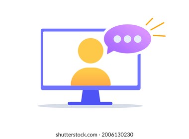 Das Symbol für Online-Bildung. Ein großer Computerbildschirm mit einer Silhouette eines Mannes und einer Wolke mit seinen Gedanken. Online-Videounterricht. Cartoon, moderne flache Vektorgrafik einzeln auf weißem Hintergrund