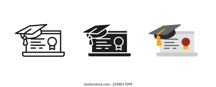Online education icon. Learning diploma with graduation cap vector illustration. Digital certificate achievement symbol. Degree and student success concept in education and study.
