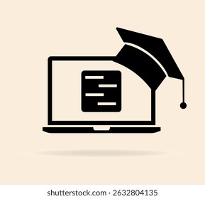 Online education icon. Online learning sign. Advanced training. Laptop and Graduation caps. Vector illustration	