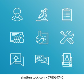 Online education icon line set with mentorship, clipboard and language course. Set of information related online education icon line vector items for web mobile logo design.