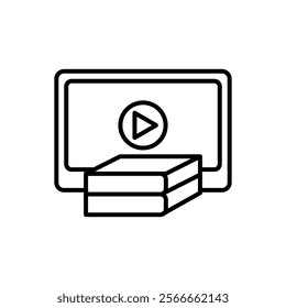 online education icon,
Monitor displaying play button on stacked books, suitable for educational, online learning, reading, technology, or multimedia design concepts.