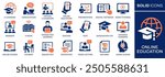 Online, education icon set. Collection of audio lesson, video tutorial, interactive learning and more. Vector illustration. Easily changes to any color.