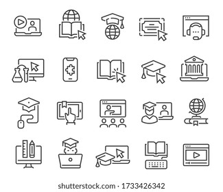 Symbol für Online-Bildung Sammlung von linearen einfachen Web-Icons wie Online-Bildung, Mentor, Online-Student, Video und Audio-Kurse, Fernunterricht, Gruppenklassen und mehr. Bearbeitbarer Vektor