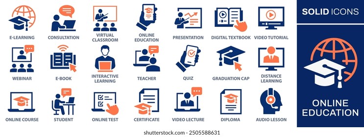 Online, education icon set. Collection of audio lesson, video tutorial, interactive learning and more. Vector illustration. Easily changes to any color.