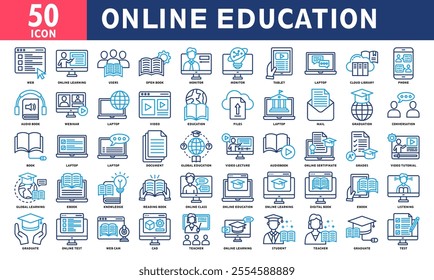 Online Education Icon Set Collection. Simple Line Color Vector