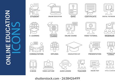 Online, education icon set. Collection of audio lesson, video tutorial, interactive learning and more. Vector illustration. Easily changes to any color.