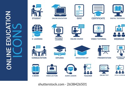 Online, education icon set. Collection of audio lesson, video tutorial, interactive learning and more. Vector illustration. Easily changes to any color.