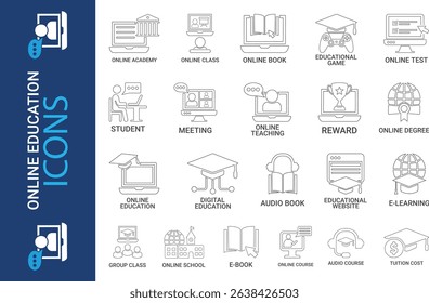 Online, education icon set. Collection of audio lesson, video tutorial, interactive learning and more. Vector illustration. Easily changes to any color.