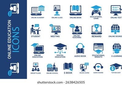 Online, education icon set. Collection of audio lesson, video tutorial, interactive learning and more. Vector illustration. Easily changes to any color.