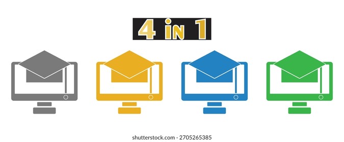 Conjunto de iconos de Educación en línea, monitor de computadora con tapa de graduación