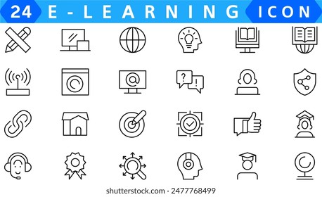 Online education icon set. Containing video tuition, e-learning, online course, audio course, educational website and digital education icons. Solid icon collection.