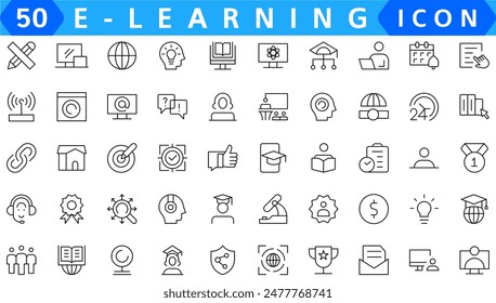 Online education icon set. Containing video tuition, e-learning, online course, audio course, educational website and digital education icons. Solid icon collection.