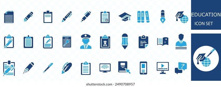 Online education icon set. Containing video tuition, e-learning, online course, audio course, educational website and digital education icons. Solid icon