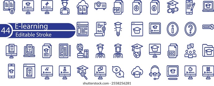 Online education icon set. Containing video tuition, e-learning, online course, audio course, educational website and digital education icons