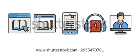 Online Education Icon Set, Containing design Education, Digital Book, E-Book, Audiobooks, Tutor