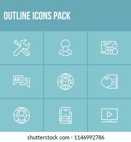 Online education icon set and course video with workshop, mentorship and classroom. People related online education icon vector for web UI logo design.