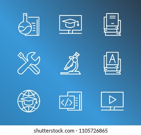 Online education icon set and digital education with course video, programming course and academic microscope. International education related online education icon vector for web UI logo design.