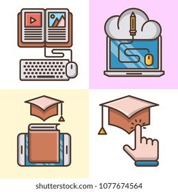 Online education icon set, e learning, Education apps, education for all, Online courses.
