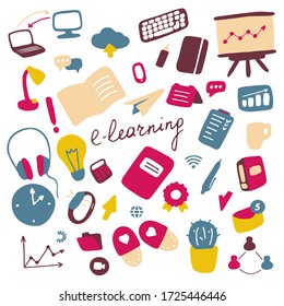 Online education icon set. E-learning symbols. Flatvector illustration