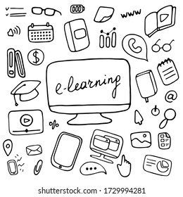 Online education icon set. E-learning symbols. Doodle vector illustration