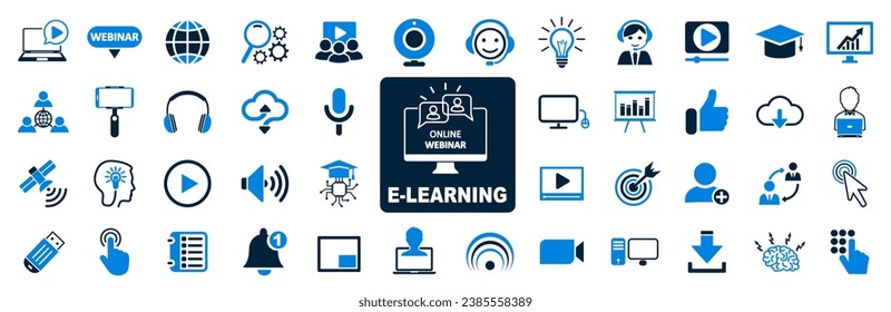 Online education icon set, e-learning icons, distance online schooling signs, elearning, digital e-education, chat, audio course, educational website, podcast, video tuition – stock vector