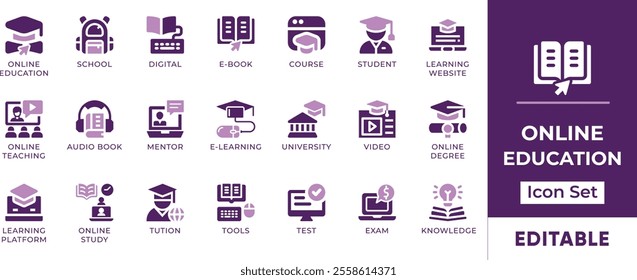 Online Education Icon Set. Features editable icons for online education, e-books, online courses, and more. Perfect for educational institutions, online learning platforms, and e-learning websites.