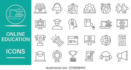 Conjunto de iconos de educación en línea. Video Cuenta con iconos editables para e-learning, lección, estudiante, en línea, curso, estudio y más. Ilustración vectorial.