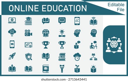 Conjunto de iconos de Educación en línea con aprendizaje electrónico, aula virtual, curso digital y símbolos de estudio remoto