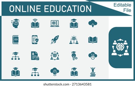 Conjunto de iconos de Educación en línea con aprendizaje electrónico, aula virtual, curso digital y símbolos de estudio remoto