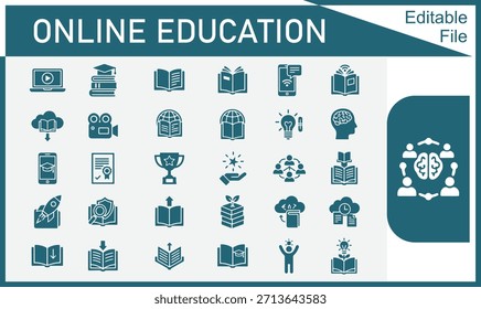 Conjunto de iconos de Educación en línea con aprendizaje electrónico, aula virtual, curso digital y símbolos de estudio remoto