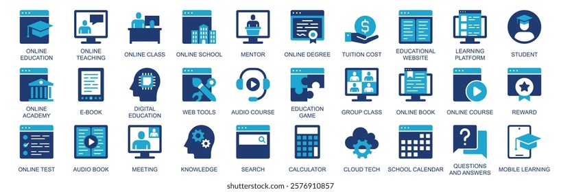 Online education icon set in flat duotone solid icons web design. Pack pictograms with teaching, class, school, mentor, tutor cost, educational, learning platform, student, other. Vector illustration.