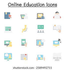 Online education icon set in flat color style