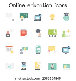 Online education icon set in flat color style