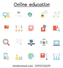 Online education icon set in flat color style
