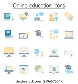 Online education icon set in flat color style